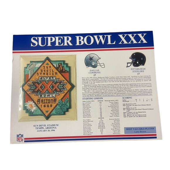SUPER BOWL XXX Cowboys vs Steelers 1996 OFFICIAL SB NFL PATCH Card - Picture 1 of 3